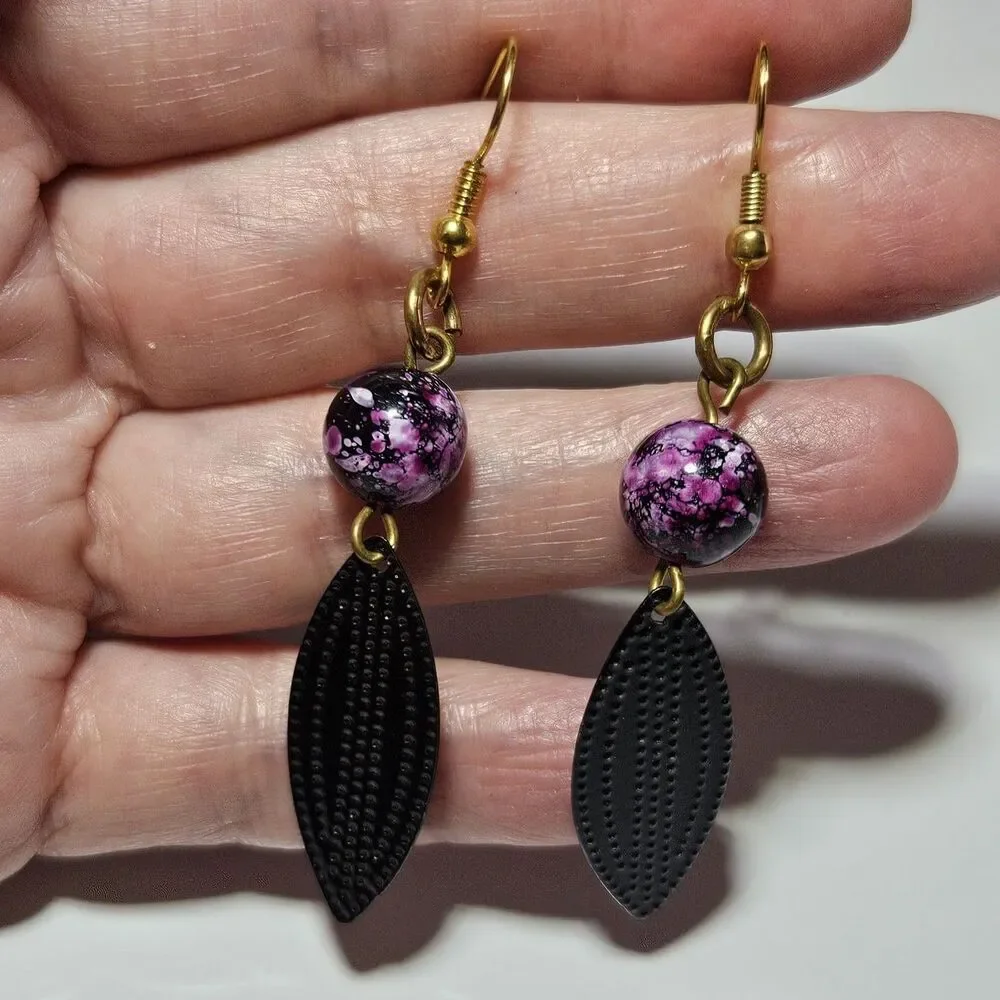 Gold Tone Purple Bead Black Metal Dangling Earrings